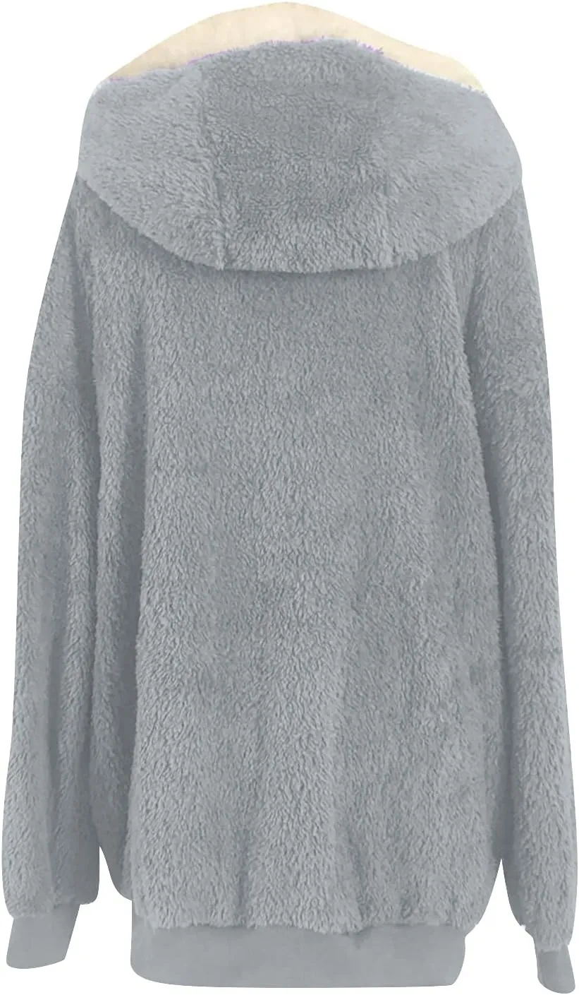 Sherpa Jackets For Women Fuzzy Fleece Teddy Coat Color Block Faux Shearling Cardigan Warm Hooded Zip Up Outwear