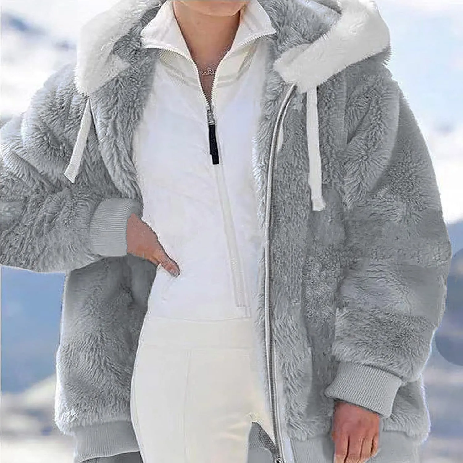 Sherpa Jackets For Women Fuzzy Fleece Teddy Coat Color Block Faux Shearling Cardigan Warm Hooded Zip Up Outwear