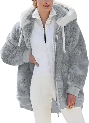 Sherpa Jackets For Women Fuzzy Fleece Teddy Coat Color Block Faux Shearling Cardigan Warm Hooded Zip Up Outwear