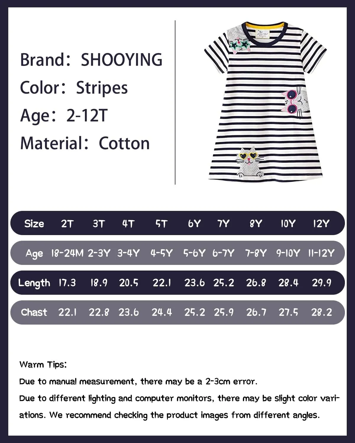 SHOOYING Girls Dresses Cartoon Dress Casual Cotton Cute Tshirt Dresses 2-8 Years