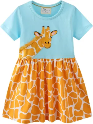 SHOOYING Girls Dresses Cartoon Dress Casual Cotton Cute Tshirt Dresses 2-8 Years