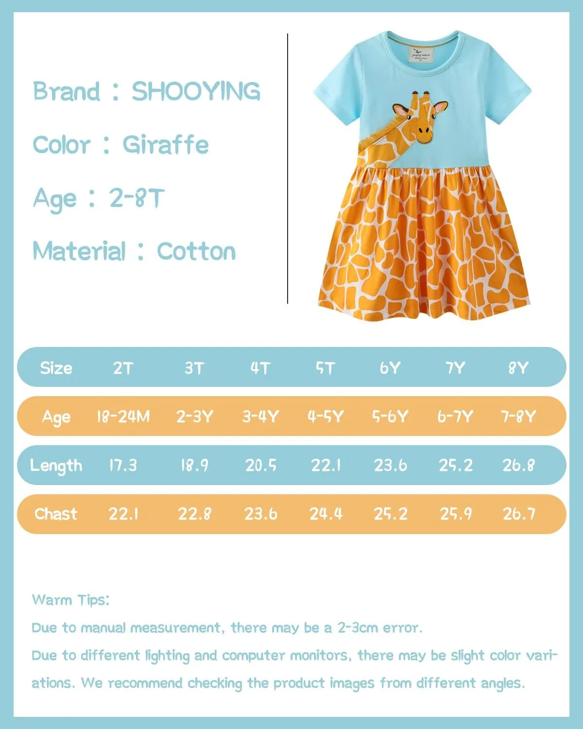 SHOOYING Girls Dresses Cartoon Dress Casual Cotton Cute Tshirt Dresses 2-8 Years