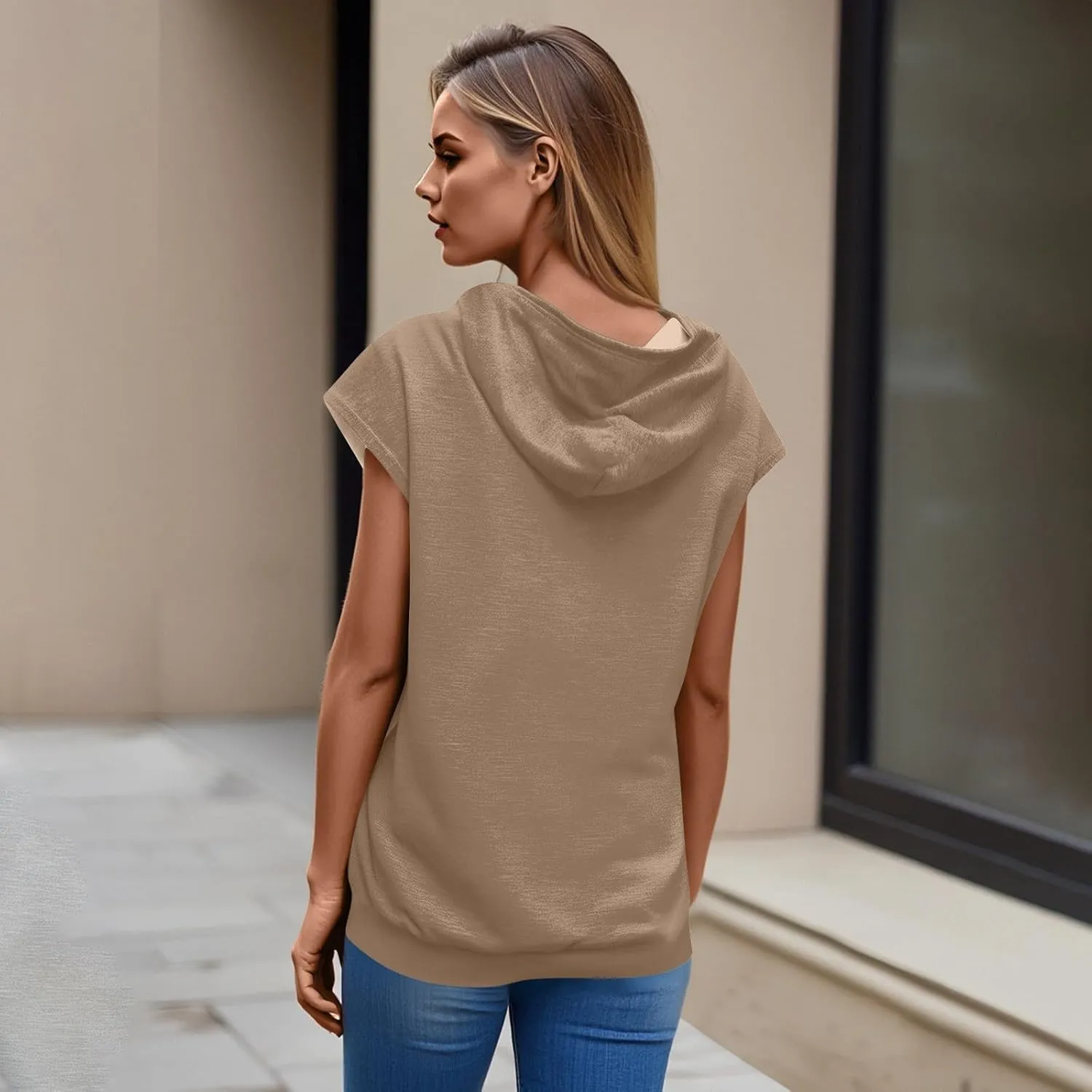 Sleeveless Hoodie Women Summer Hooded Tank Tops Lightweight Drawstring Pullover Sweatshirt Athletic T-Shirt