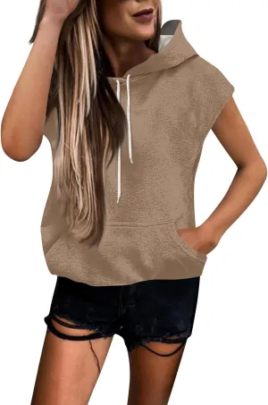 Sleeveless Hoodie Women Summer Hooded Tank Tops Lightweight Drawstring Pullover Sweatshirt Athletic T-Shirt