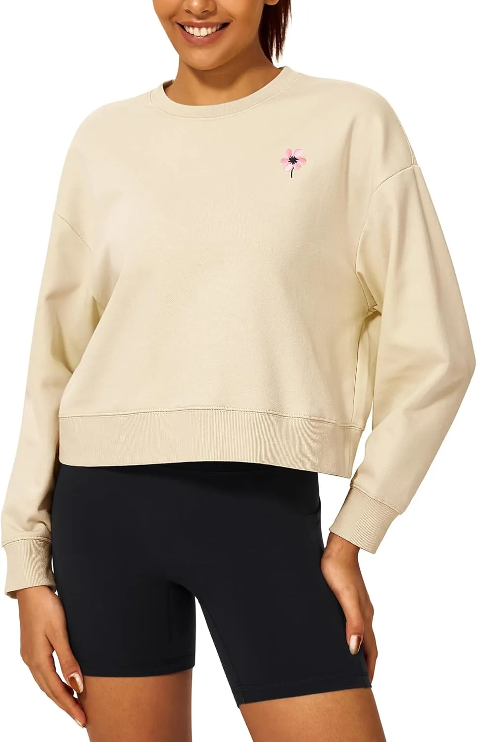 Stelle Cropped Sweatshirt for Women Crewneck Pullover Tops Oversized Long Sleeve Lightweight Casual Cotton Sweat Shirts
