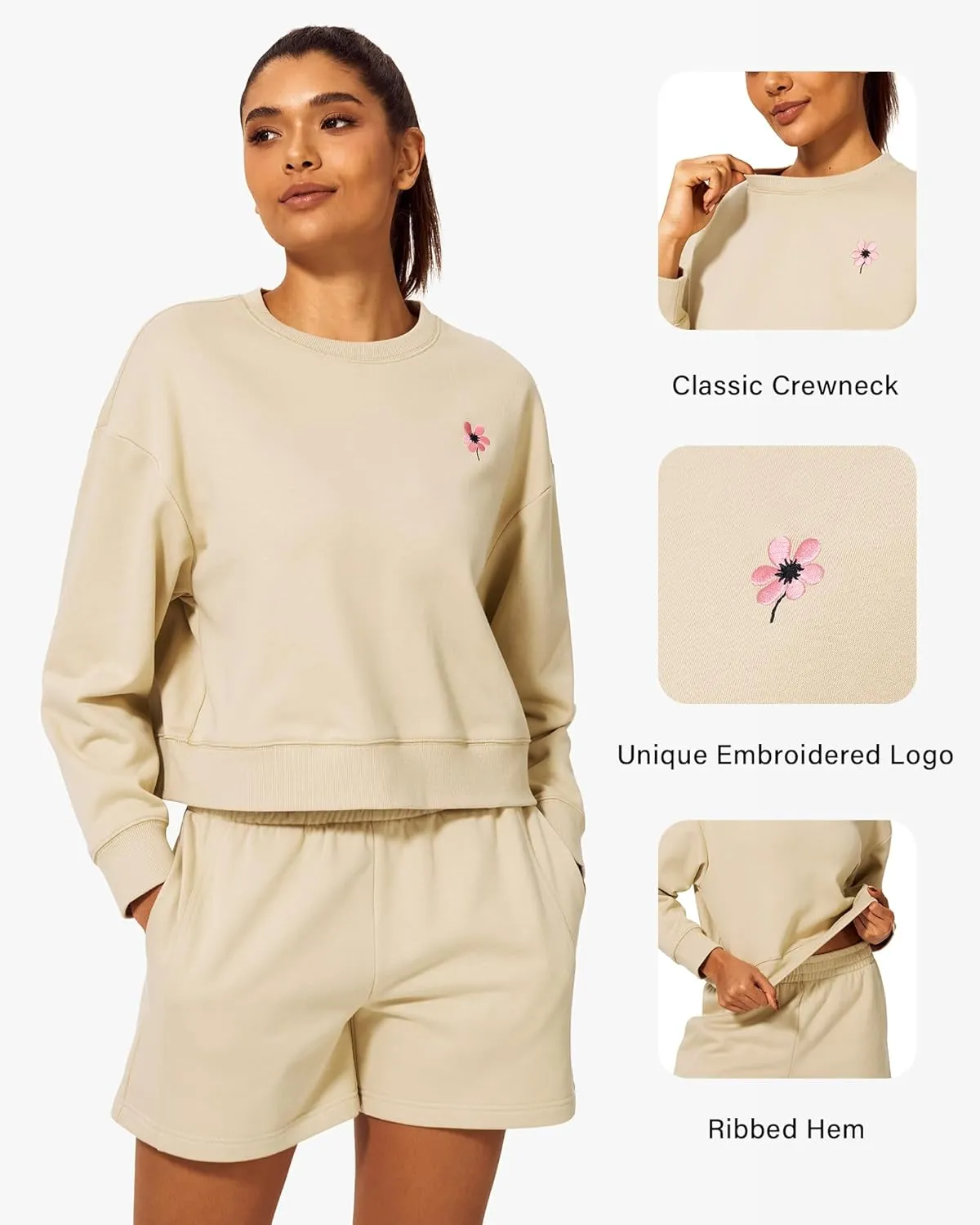 Stelle Cropped Sweatshirt for Women Crewneck Pullover Tops Oversized Long Sleeve Lightweight Casual Cotton Sweat Shirts