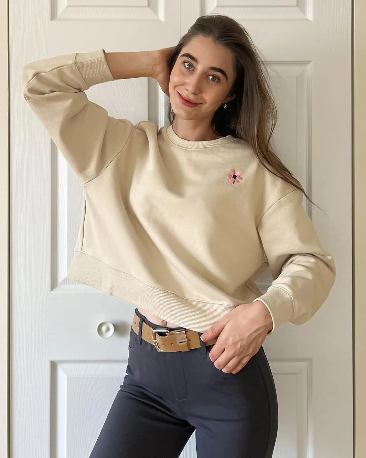 Stelle Cropped Sweatshirt for Women Crewneck Pullover Tops Oversized Long Sleeve Lightweight Casual Cotton Sweat Shirts