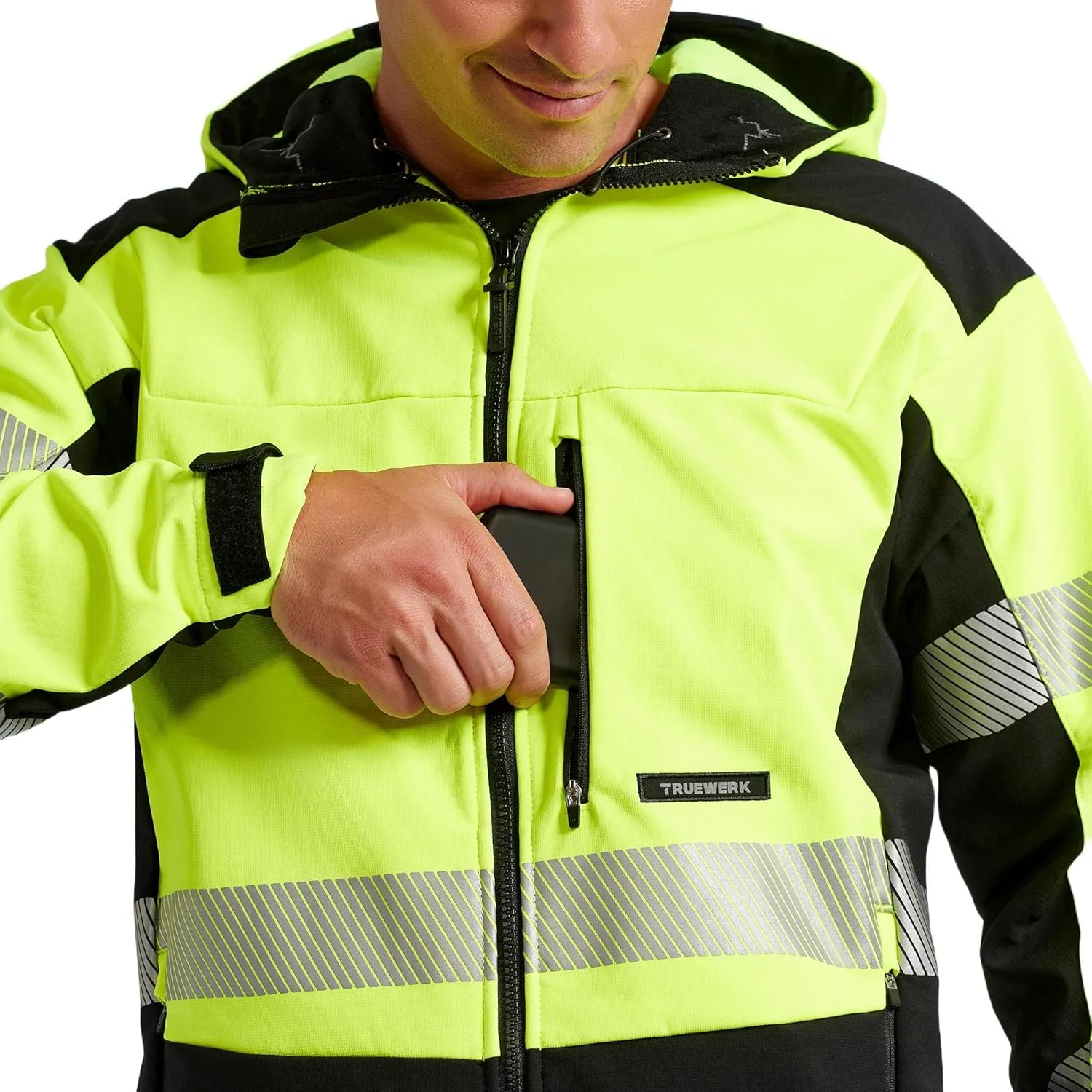 TRUEWERK Men's Insulated Work Jacket - S3 Solution Zip-Up Hoodie, Fleece-Lined, Waterproof Tactical Coat with 4-Way Stretch