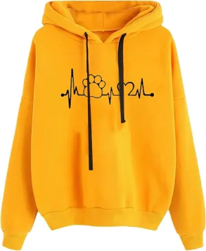 tuduoms Cute Hoodies for Women Teen Girls Paws Heartbeat Print Hoodie Sweatshirts Graphic Oversized Casual Drop Shoulder Tops
