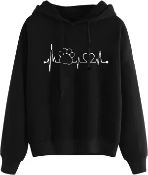 tuduoms Cute Hoodies for Women Teen Girls Paws Heartbeat Print Hoodie Sweatshirts Graphic Oversized Casual Drop Shoulder Tops