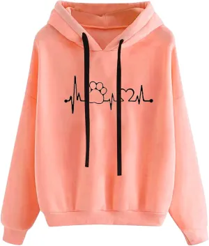 tuduoms Cute Hoodies for Women Teen Girls Paws Heartbeat Print Hoodie Sweatshirts Graphic Oversized Casual Drop Shoulder Tops