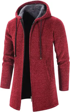 tuduoms Men's Zip Up Hooded Fleece Long Cardigan Sweater Winter Fashion Warm Sherpa Lined Jacket Coat Hoodies with Pockets
