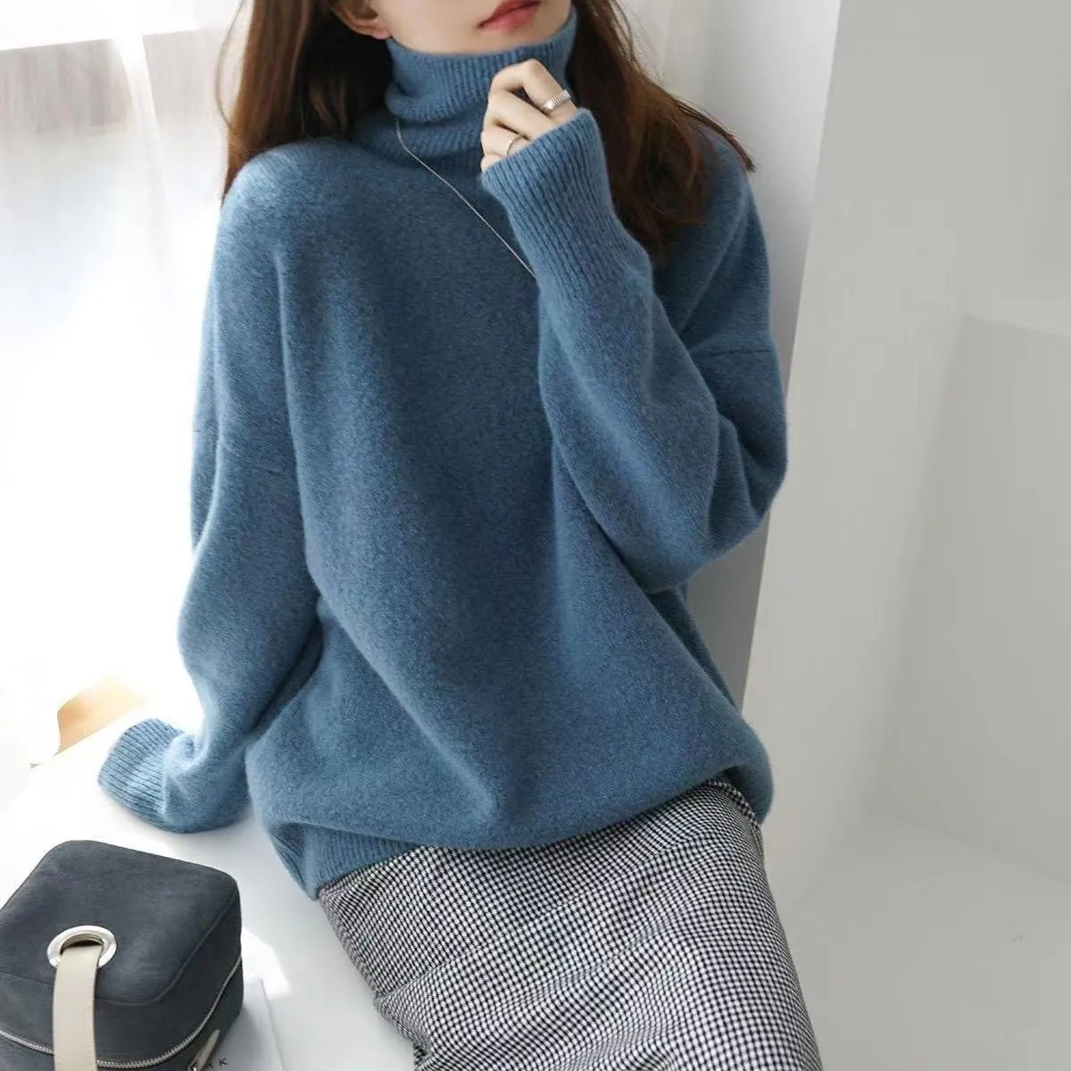 Turtleneck Sweater,Oversized Refined Turtleneck Cashmere Sweater for Women,Winter High Neck Tops Loose Jumpers