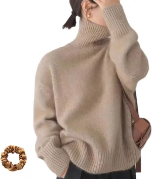 Turtleneck Sweater,Oversized Refined Turtleneck Cashmere Sweater for Women,Winter High Neck Tops Loose Jumpers