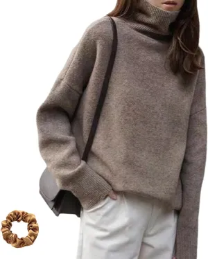 Turtleneck Sweater,Oversized Refined Turtleneck Cashmere Sweater for Women,Winter High Neck Tops Loose Jumpers
