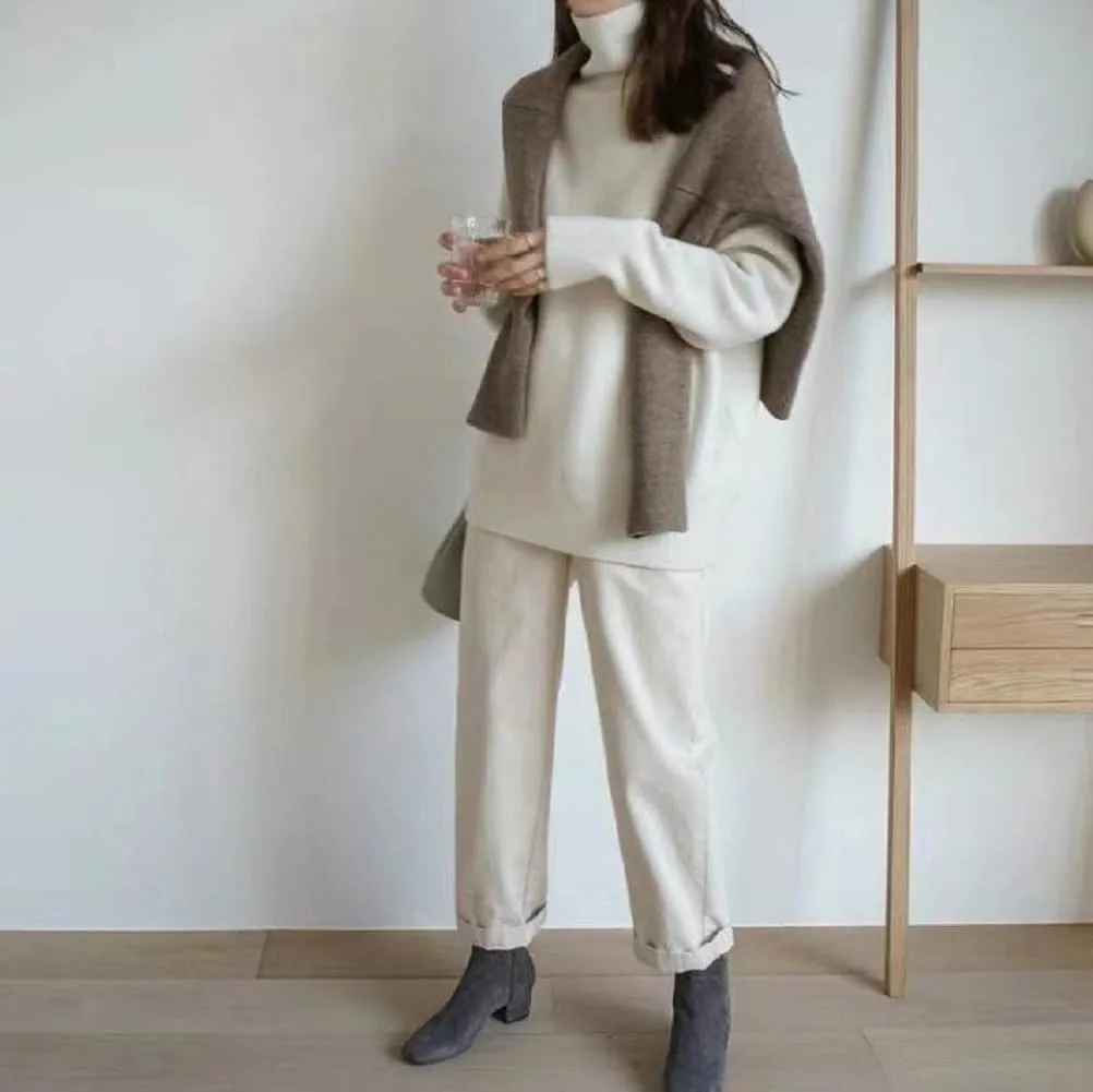 Turtleneck Sweater,Oversized Refined Turtleneck Cashmere Sweater for Women,Winter High Neck Tops Loose Jumpers