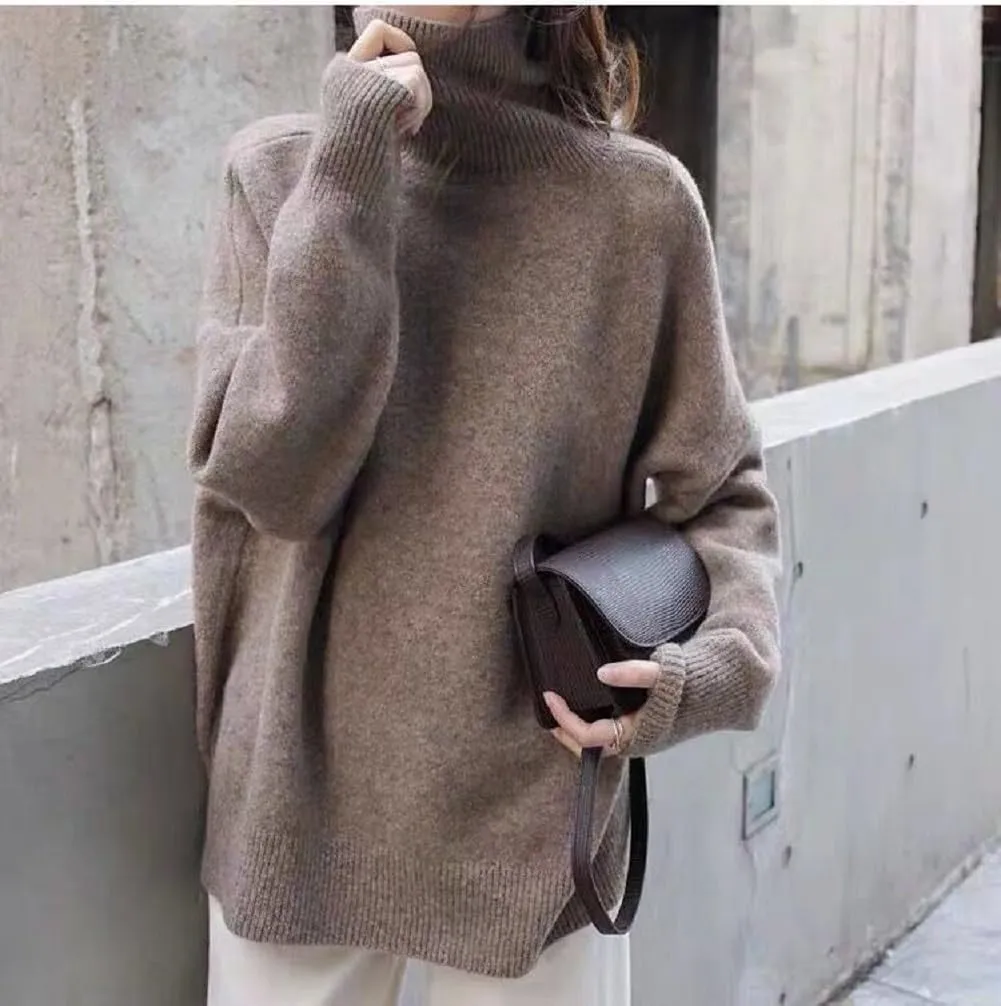 Turtleneck Sweater,Oversized Refined Turtleneck Cashmere Sweater for Women,Winter High Neck Tops Loose Jumpers