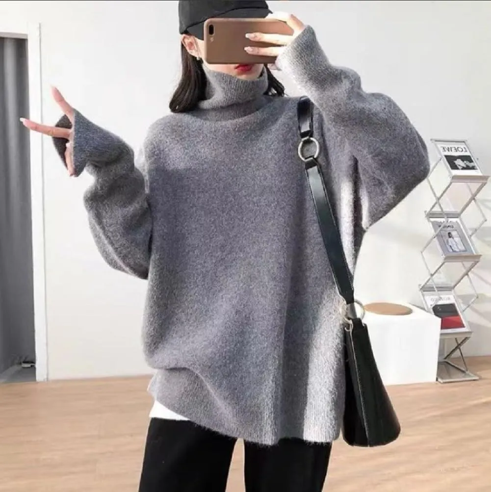 Turtleneck Sweater,Oversized Refined Turtleneck Cashmere Sweater for Women,Winter High Neck Tops Loose Jumpers