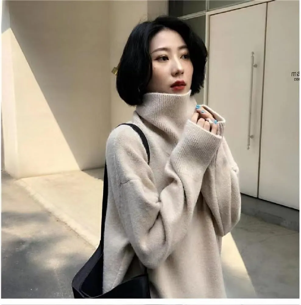 Turtleneck Sweater,Oversized Refined Turtleneck Cashmere Sweater for Women,Winter High Neck Tops Loose Jumpers