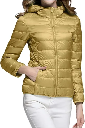Uillui Womens Hooded Packable Puffer Jacket Light Weight Short Down Jacket for Hiking Travel Quilted Warm Short Winter Coats