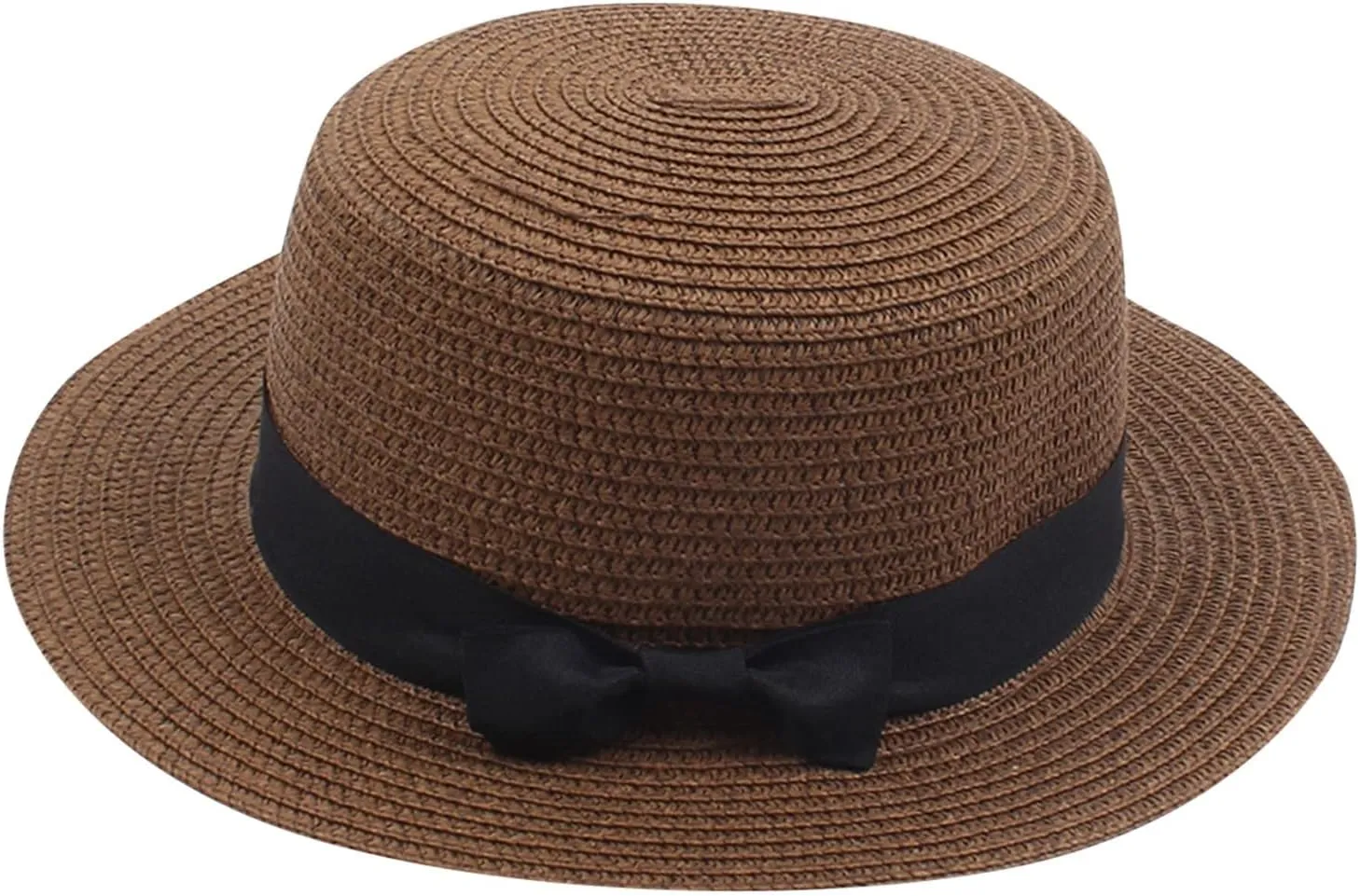 Unisex Kids Little Girls Sun Straw Hat Bowler Round Top Wide Brim with Black Bowknot Decor Summer Beach Foldable Visor