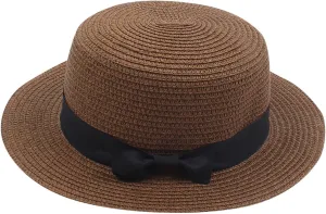 Unisex Kids Little Girls Sun Straw Hat Bowler Round Top Wide Brim with Black Bowknot Decor Summer Beach Foldable Visor