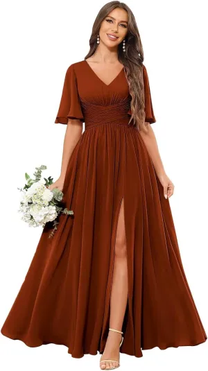 V Neck Flutter Sleeve Bridesmaid Dresses for Women Long Slit A Line Chiffon Formal Dress with Pockets