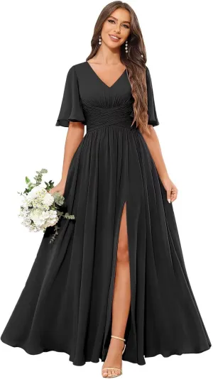 V Neck Flutter Sleeve Bridesmaid Dresses for Women Long Slit A Line Chiffon Formal Dress with Pockets
