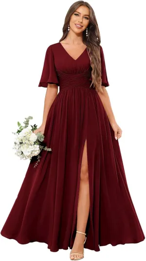 V Neck Flutter Sleeve Bridesmaid Dresses for Women Long Slit A Line Chiffon Formal Dress with Pockets