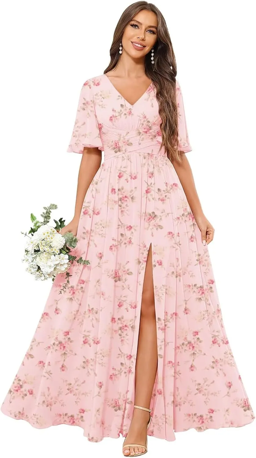 V Neck Flutter Sleeve Bridesmaid Dresses for Women Long Slit A Line Chiffon Formal Dress with Pockets