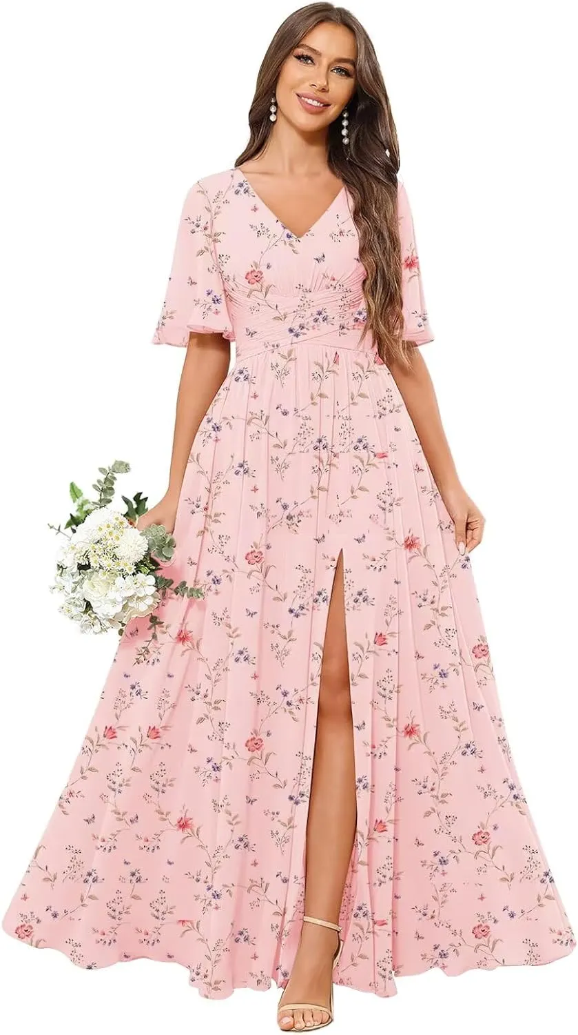 V Neck Flutter Sleeve Bridesmaid Dresses for Women Long Slit A Line Chiffon Formal Dress with Pockets