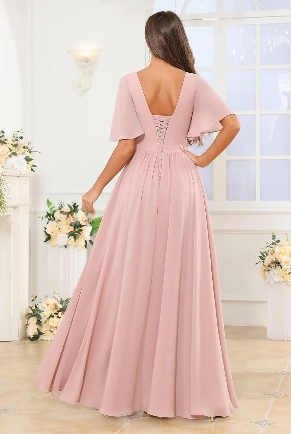 V Neck Flutter Sleeve Bridesmaid Dresses for Women Long Slit A Line Chiffon Formal Dress with Pockets