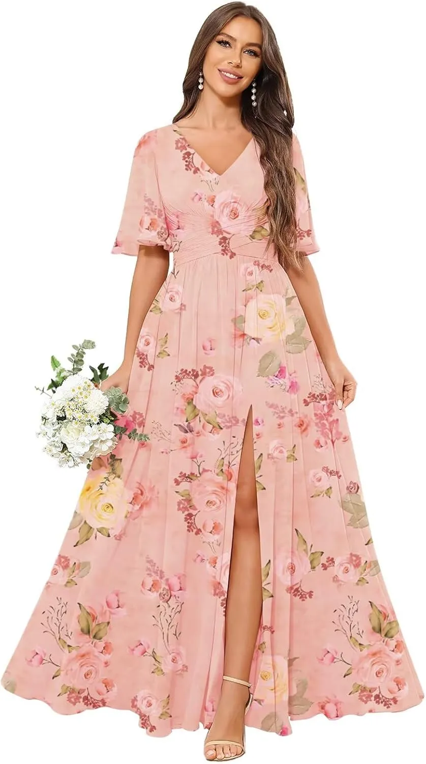 V Neck Flutter Sleeve Bridesmaid Dresses for Women Long Slit A Line Chiffon Formal Dress with Pockets