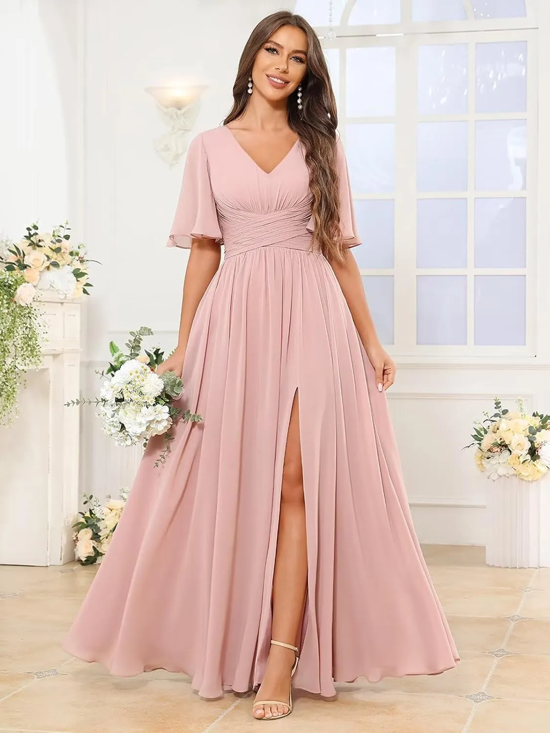 V Neck Flutter Sleeve Bridesmaid Dresses for Women Long Slit A Line Chiffon Formal Dress with Pockets