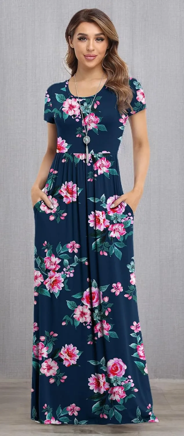 VIISHOW Women's Short Sleeve Loose Plain Maxi Dresses Casual Long Dresses with Pockets