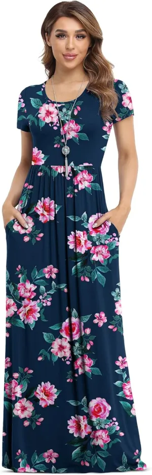 VIISHOW Women's Short Sleeve Loose Plain Maxi Dresses Casual Long Dresses with Pockets