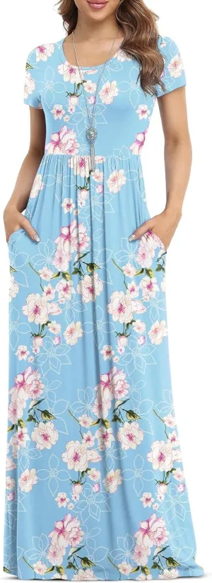 VIISHOW Women's Short Sleeve Loose Plain Maxi Dresses Casual Long Dresses with Pockets