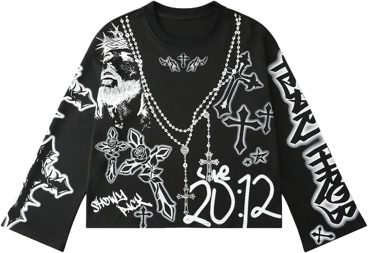 WDIRARA Men's Graphic Cross Print Long Sleeve Sweatshirts Crew Neck Pullover Tops Streetwear