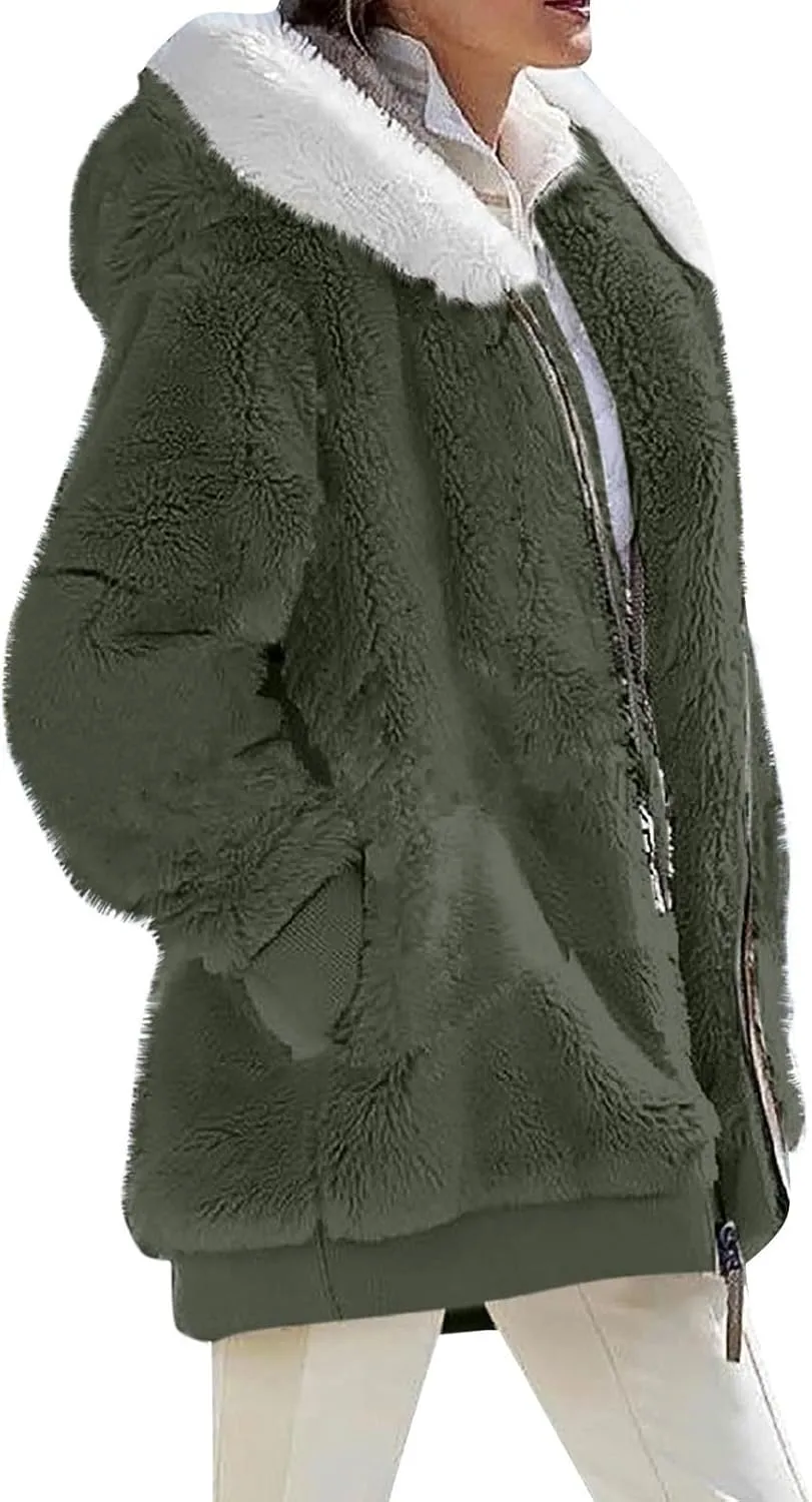 Winter Coats for Women 2024 Zip up Long Sleeve Casual Warm Fuzzy Hooded Jackets Loose Fit Soft Comfy Coats