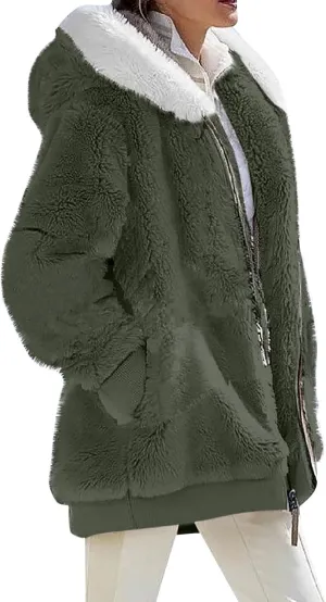 Winter Coats for Women 2024 Zip up Long Sleeve Casual Warm Fuzzy Hooded Jackets Loose Fit Soft Comfy Coats