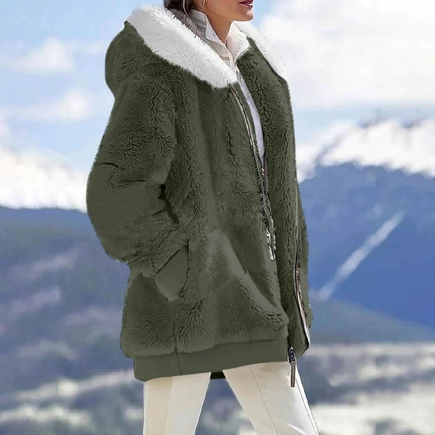 Winter Coats for Women 2024 Zip up Long Sleeve Casual Warm Fuzzy Hooded Jackets Loose Fit Soft Comfy Coats