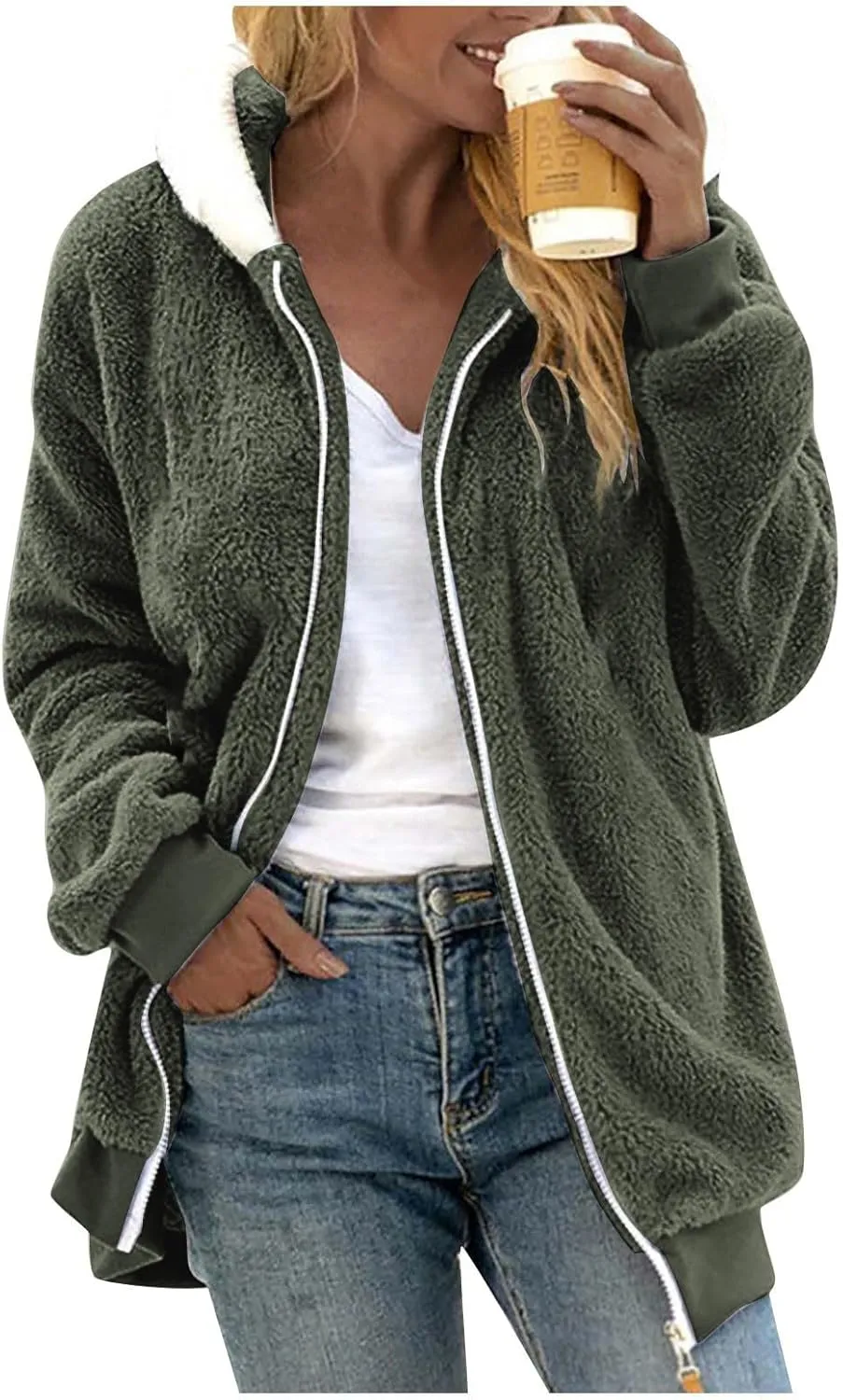 Winter Coats for Women 2024 Zip up Long Sleeve Casual Warm Fuzzy Hooded Jackets Loose Fit Soft Comfy Coats