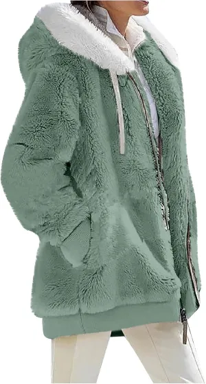 Winter Jackets for Women Fuzzy Fleece Hooded Jacket Color Block Patchwork Cardigan Coat Soft Shaggy Warm Outerwear