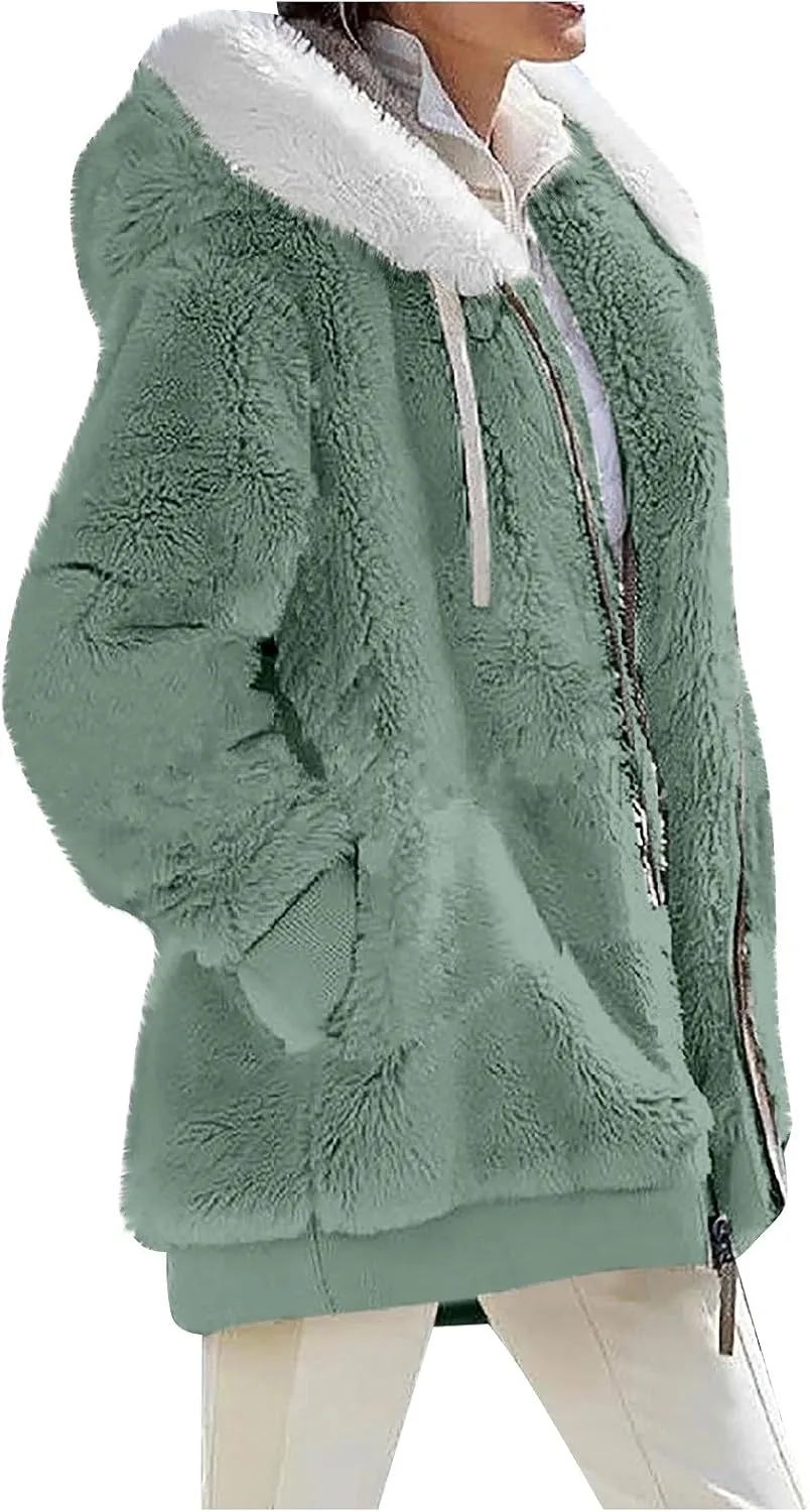 Winter Jackets for Women Fuzzy Fleece Hooded Jacket Color Block Patchwork Cardigan Coat Soft Shaggy Warm Outerwear