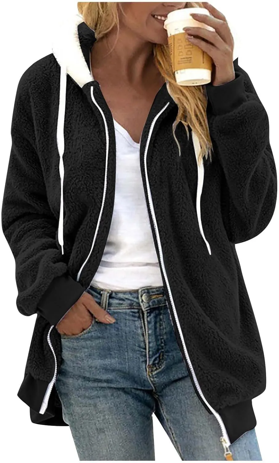Winter Jackets for Women Fuzzy Fleece Jacket Hooded Color Block Patchwork Cardigan Coats Soft Shaggy Warm Outerwear