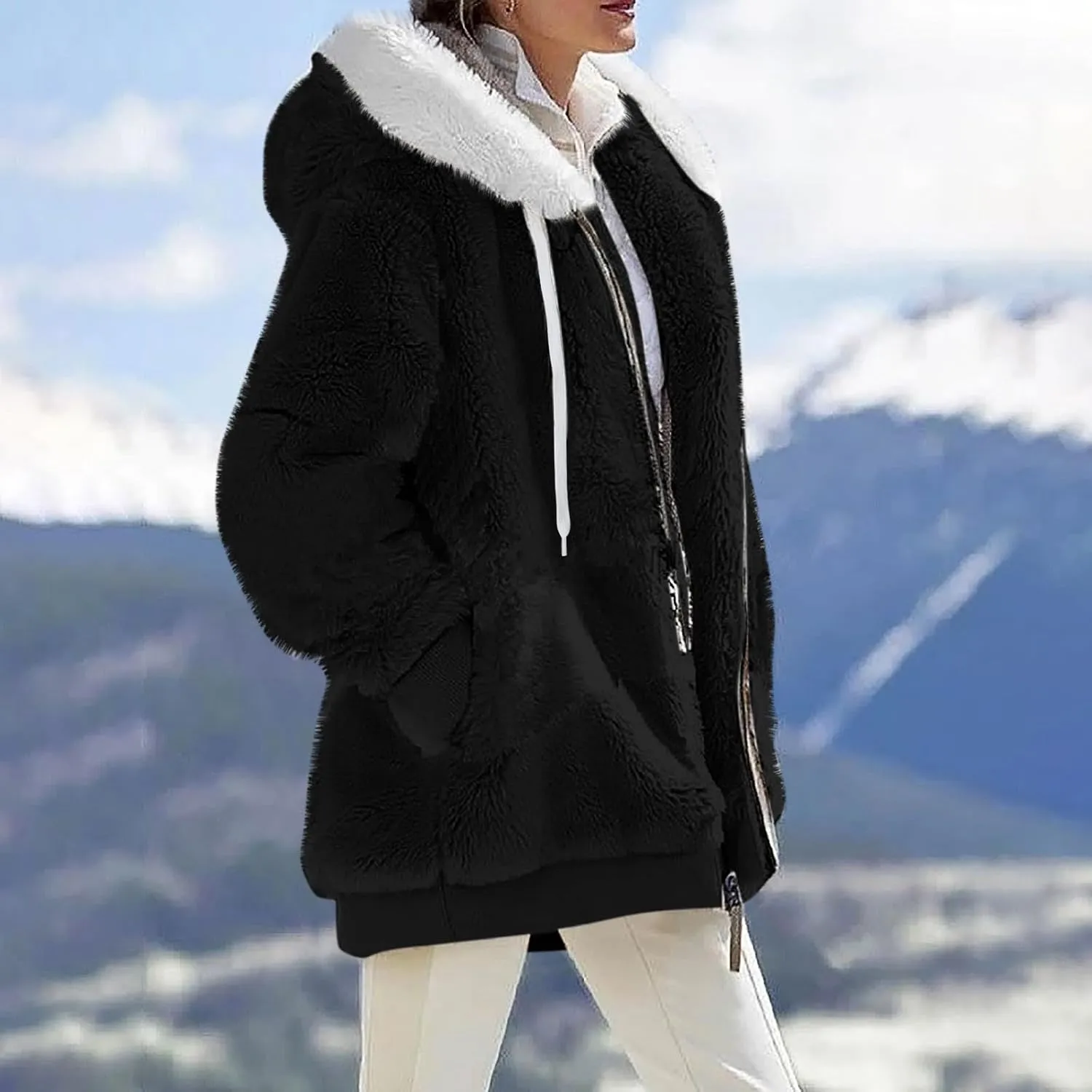 Winter Jackets for Women Fuzzy Fleece Jacket Hooded Color Block Patchwork Cardigan Coats Soft Shaggy Warm Outerwear