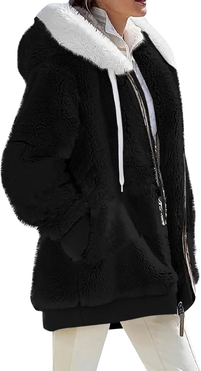 Winter Jackets for Women Fuzzy Fleece Jacket Hooded Color Block Patchwork Cardigan Coats Soft Shaggy Warm Outerwear