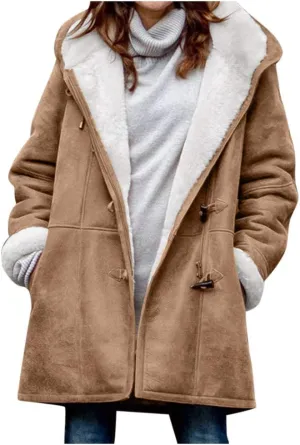 Winter Jackets for Women Warm Sherpa Fleece Lined Distressed Jackets Hooded Parka Faux Suede Pea Coat Outerwear