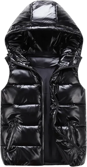 Wkishenl Puffer Vest for Women with Hood Oversized Shiny Sleeveless Short Down Coat Fashion Winter Warm Puffer Jacket 2024
