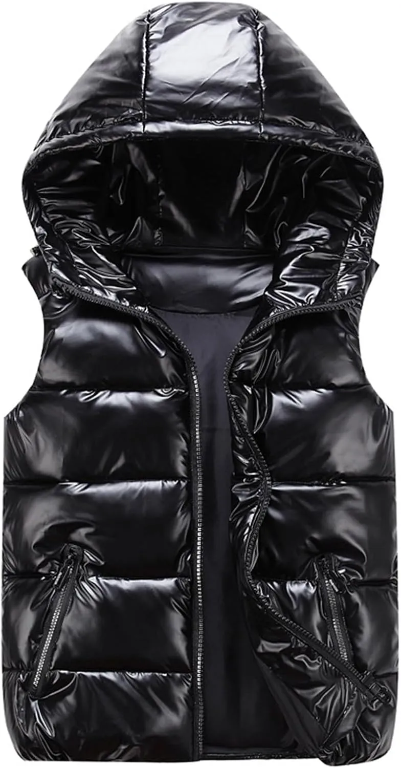 Wkishenl Puffer Vest for Women with Hood Oversized Shiny Sleeveless Short Down Coat Fashion Winter Warm Puffer Jacket 2024